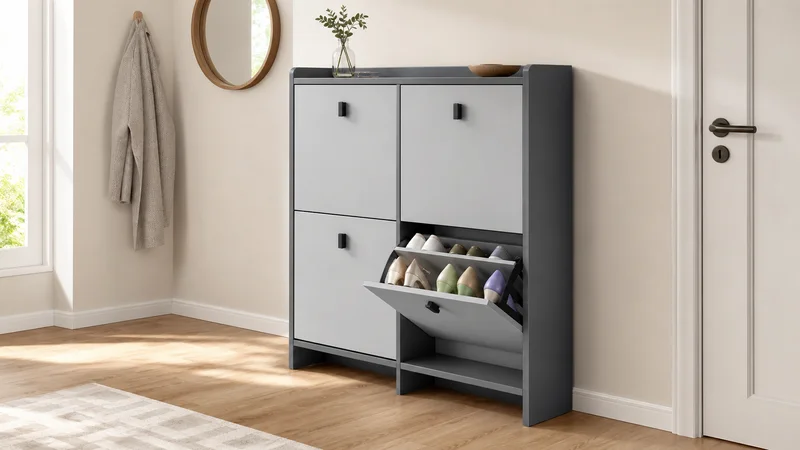 Slim Grey Four-Door Shoe Cabinet for Narrow Entryway Range Planning