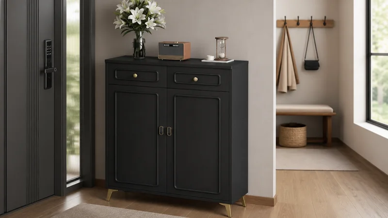 Vintage Black Two-Door Shoe Cabinet for Deeper Entryway Range Sourcing