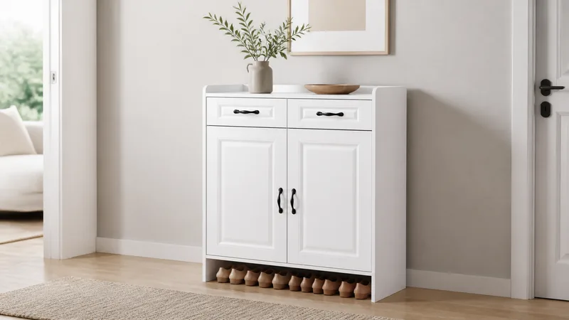 White Two-Door Shoe Cabinet with Double Drawers for Entryway Range Sourcing